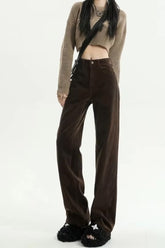 High Waist Retro Coffee Colors Corduroy Long Pants